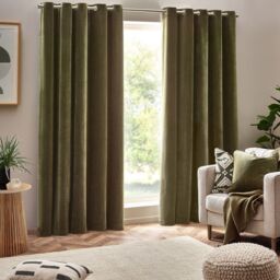 Yard Heavy Chenille Velvet Room Darkening Eyelet Curtain Pair in Olive - Size: 168 cm width x 229 cm drop - thumbnail 2