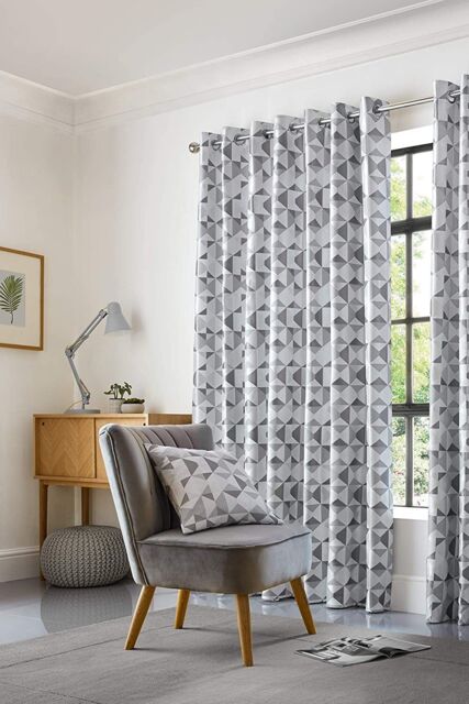 Alan Symonds Skandi Geometric Jacquard Fully Lined Eyelet Curtains in Silver - Size: 168 cm width x 137 cm drop - image 1