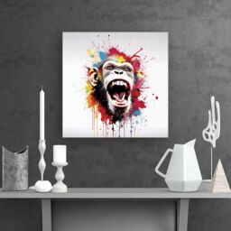 "Warren Reed - Designer Coloured Splashart Crazy Monkey Face Canvas in Red - Size: W16"" x H16""" - thumbnail 2