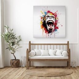 "Warren Reed - Designer Coloured Splashart Crazy Monkey Face Canvas in Red - Size: W16"" x H16""" - thumbnail 3