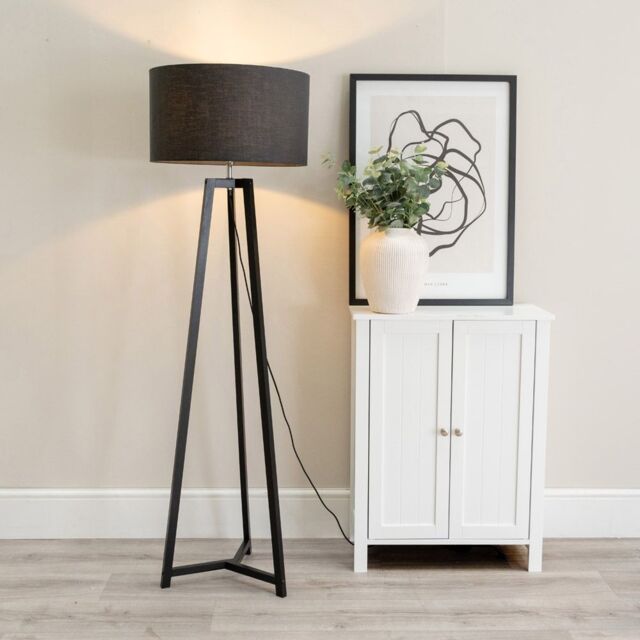 ValueLights Lottie Black Wood Tripod Floor Lamp with Fabric Drum Shade in Charcoal - image 1