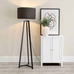 ValueLights Lottie Black Wood Tripod Floor Lamp with Fabric Drum Shade in Charcoal - thumbnail 1