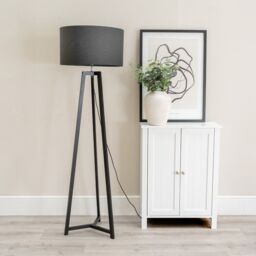ValueLights Lottie Black Wood Tripod Floor Lamp with Fabric Drum Shade in Charcoal - thumbnail 3