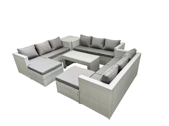 Fimous Rattan Garden Outdoor Furniture Set 11 Seater Garden Sofa Oblong Coffee Table Set with 2 Big Footstools Side Table Light Grey Mixed - image 1