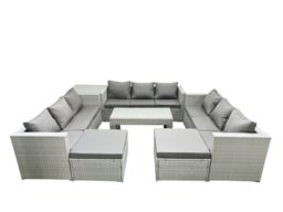 Fimous Rattan Garden Outdoor Furniture Set 11 Seater Garden Sofa Oblong Coffee Table Set with 2 Big Footstools Side Table Light Grey Mixed - thumbnail 2