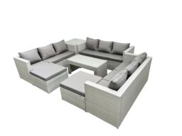 Fimous Rattan Garden Outdoor Furniture Set 11 Seater Garden Sofa Oblong Coffee Table Set with 2 Big Footstools Side Table Light Grey Mixed - thumbnail 1