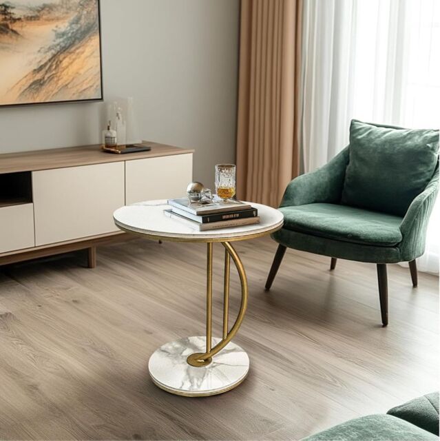 Hygrad Built to Survive C Shaped Half Moon Round Sintered Stone Slab/Metal End Coffee Sofa Bed Side Centre Table With Metal Legs (White/Gold) in White - image 1