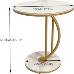 Hygrad Built to Survive C Shaped Half Moon Round Sintered Stone Slab/Metal End Coffee Sofa Bed Side Centre Table With Metal Legs (White/Gold) in White - thumbnail 2