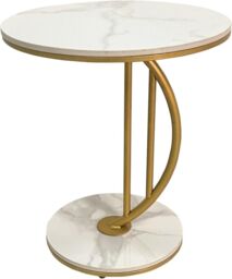 Hygrad Built to Survive C Shaped Half Moon Round Sintered Stone Slab/Metal End Coffee Sofa Bed Side Centre Table With Metal Legs (White/Gold) in White - thumbnail 5