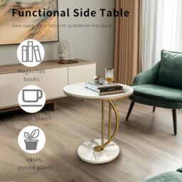 Hygrad Built to Survive C Shaped Half Moon Round Sintered Stone Slab/Metal End Coffee Sofa Bed Side Centre Table With Metal Legs (White/Gold) in White - thumbnail 3