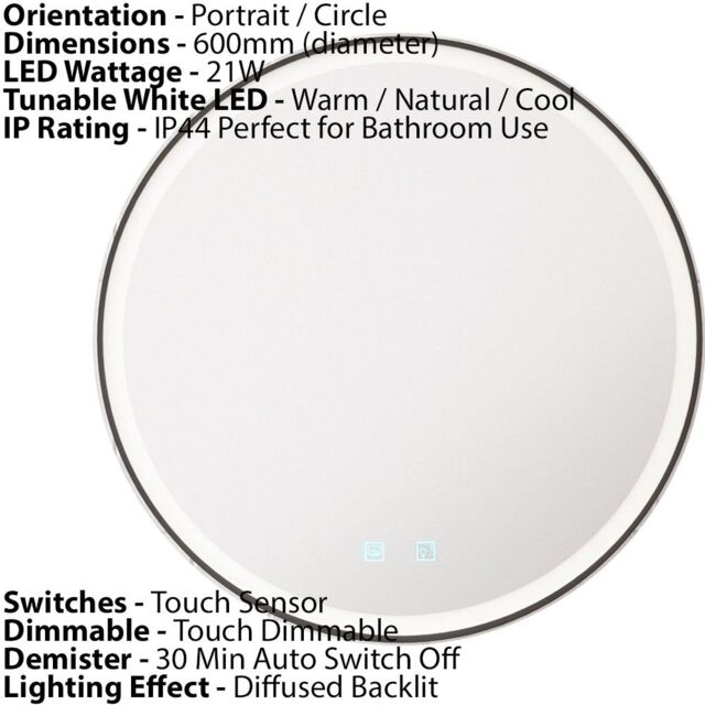 Loops 600mm IP44 MATT BLACK Round LED Bathroom Mirror & Demister Tunable White Border - image 1