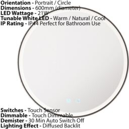 Loops 600mm IP44 MATT BLACK Round LED Bathroom Mirror & Demister Tunable White Border - thumbnail 1