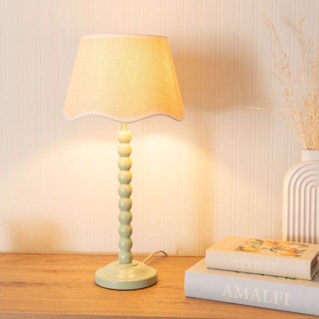 ValueLights Bobbins Sage Green Table Lamp with Linen Scallop White Trim Shade & LED Bulb in Pale Green - image 1