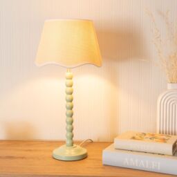 ValueLights Bobbins Sage Green Table Lamp with Linen Scallop White Trim Shade & LED Bulb in Pale Green