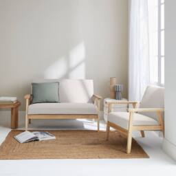 sweeek 3-seater Bench & Armchair In Wood & Fabric in Beige