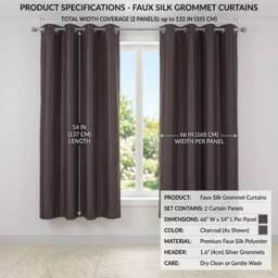 HOME LUXE INTERIOR Charcoal Faux Silk Fully Lined Eyelet Curtains - 1 Pair, 66inches x 54inches - Size: 163 cm width x 132 cm drop - thumbnail 7