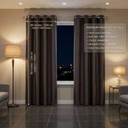 HOME LUXE INTERIOR Charcoal Faux Silk Fully Lined Eyelet Curtains - 1 Pair, 66inches x 54inches - Size: 163 cm width x 132 cm drop - thumbnail 8