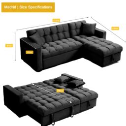 SquareBoxx Barcelona 3 Seater Corner Pull Out Sofa Bed in Black - thumbnail 6