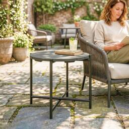 OUTSUNNY 54 cm Round Garden Table, Slatted Wood Top Outdoor Table, Dark Grey - thumbnail 1
