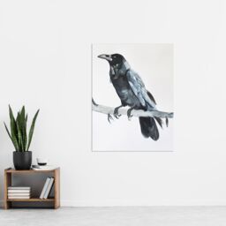 "Artery8 Raven Bird on Tree Branch Bright Watercolour Wall Art Print in Black - Size: W24"" x H32""" - thumbnail 4