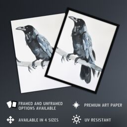 "Artery8 Raven Bird on Tree Branch Bright Watercolour Wall Art Print in Black - Size: W24"" x H32""" - thumbnail 2