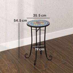 OUTSUNNY 35.5cm Round Mosaic Garden Side Table Plant Stand w/ Shelf in Blue - thumbnail 3