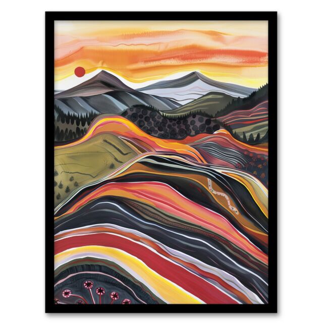 "Artery8 Cairngorms Mountains Scottish Sunset Folk Art Framed Art Print - Size: W12"" x H16""" - image 1