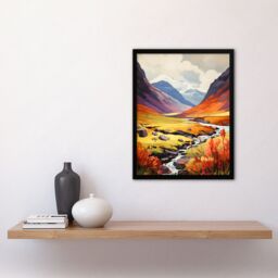 Artery8 Wall Art Print Scotland Glencoe Valley Vibrant Oil Painting Majestic Mountains & River With Heather Shrubs Art Framed in Black - Size: A4 - thumbnail 4