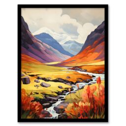 Artery8 Wall Art Print Scotland Glencoe Valley Vibrant Oil Painting Majestic Mountains & River With Heather Shrubs Art Framed in Black - Size: A4 - thumbnail 1