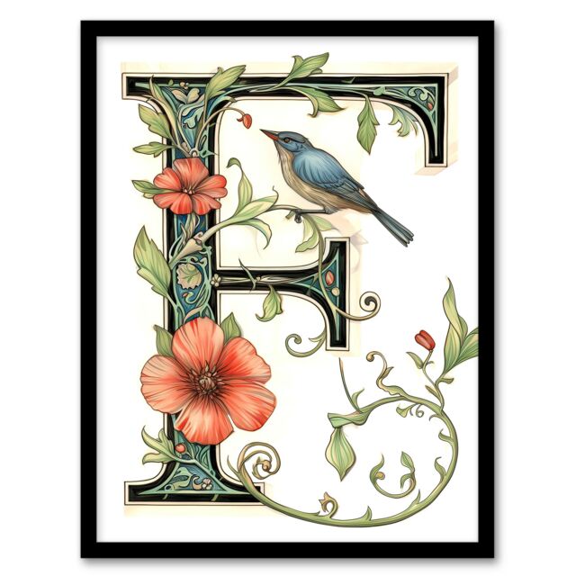 "Artery8 Women's Wall Art Print Letter F in Calligraphy Watercolour Bird Flowers Floral Word Art Framed - Size: W12"" x H16""" - image 1