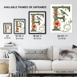 "Artery8 Women's Wall Art Print Letter F in Calligraphy Watercolour Bird Flowers Floral Word Art Framed - Size: W12"" x H16""" - thumbnail 3