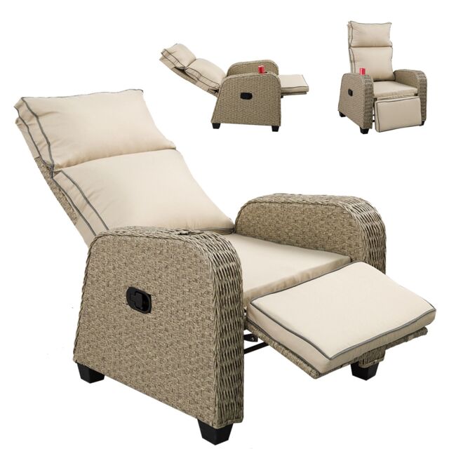 FURNITURE ONE Patio Rattan Recliner, Outdoor Rattan Padded Lounger, 170 Degree Adjustable in Beige - Size: 1 Pack - image 1