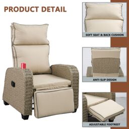 FURNITURE ONE Patio Rattan Recliner, Outdoor Rattan Padded Lounger, 170 Degree Adjustable in Beige - Size: 1 Pack - thumbnail 3