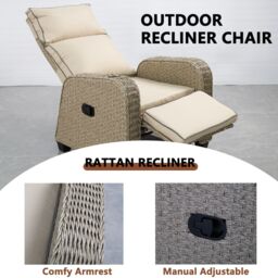 FURNITURE ONE Patio Rattan Recliner, Outdoor Rattan Padded Lounger, 170 Degree Adjustable in Beige - Size: 1 Pack - thumbnail 2