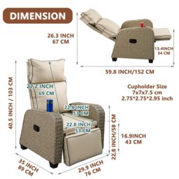 FURNITURE ONE Patio Rattan Recliner, Outdoor Rattan Padded Lounger, 170 Degree Adjustable in Beige - Size: 1 Pack - thumbnail 5