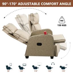 FURNITURE ONE Patio Rattan Recliner, Outdoor Rattan Padded Lounger, 170 Degree Adjustable in Beige - Size: 1 Pack - thumbnail 4