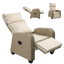 FURNITURE ONE Patio Rattan Recliner, Outdoor Rattan Padded Lounger, 170 Degree Adjustable in Beige - Size: 1 Pack - thumbnail 1