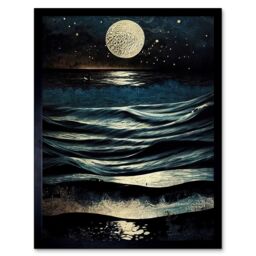 "Artery8 Wall Art Print Full Moon Rising Over Clear Night Sky Tidal Waves Art Framed in Black - Size: W12"" x H16""" - thumbnail 1