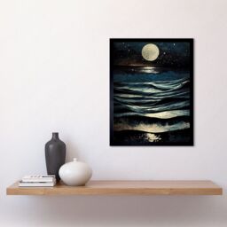 "Artery8 Wall Art Print Full Moon Rising Over Clear Night Sky Tidal Waves Art Framed in Black - Size: W12"" x H16""" - thumbnail 2