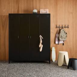 sweeek Industrial metal wardrobe for bedroom, 4 doors, 10 shelves, 1 hanging in Black