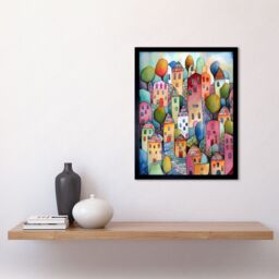 "Artery8 Wall Art Print Village On The Hill Cobble Streets Folk Art Framed in Black - Size: W12"" x H16""" - thumbnail 2