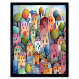 "Artery8 Wall Art Print Village On The Hill Cobble Streets Folk Art Framed in Black - Size: W12"" x H16""" - thumbnail 1