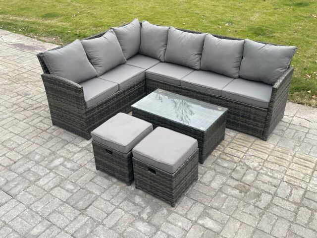 Fimous Rattan Lounge Corner Sofa Set Wicker Outdoor Garden Furniture Set with Rectangular Coffee Table 2 Small Footstools in Dark Grey - image 1