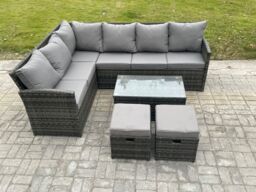 Fimous Rattan Lounge Corner Sofa Set Wicker Outdoor Garden Furniture Set with Rectangular Coffee Table 2 Small Footstools in Dark Grey - thumbnail 2