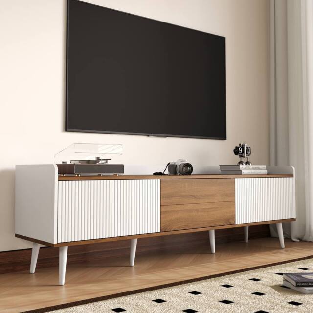 BTM 160cm 3-Door TV Stand, White & Wood, Compact Design - image 1