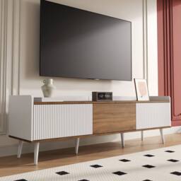 BTM 160cm 3-Door TV Stand, White & Wood, Compact Design - thumbnail 8