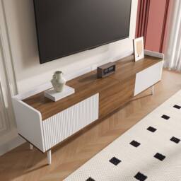 BTM 160cm 3-Door TV Stand, White & Wood, Compact Design - thumbnail 5