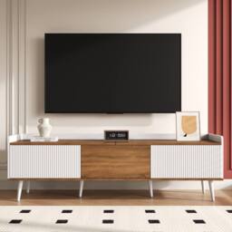 BTM 160cm 3-Door TV Stand, White & Wood, Compact Design - thumbnail 7