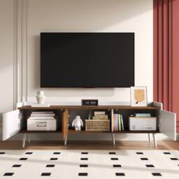 BTM 160cm 3-Door TV Stand, White & Wood, Compact Design - thumbnail 2