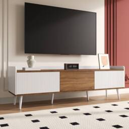 BTM 160cm 3-Door TV Stand, White & Wood, Compact Design - thumbnail 6